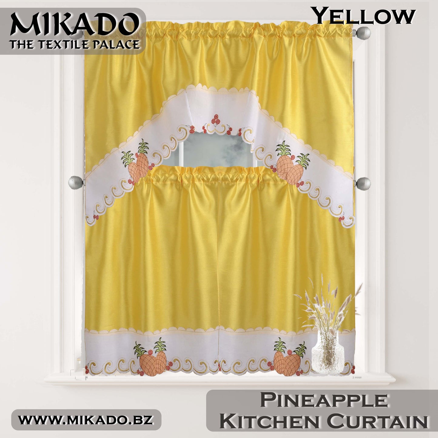 Fruit (Orange, Pear or Pineapple) Embroidered Kitchen Curtain Set