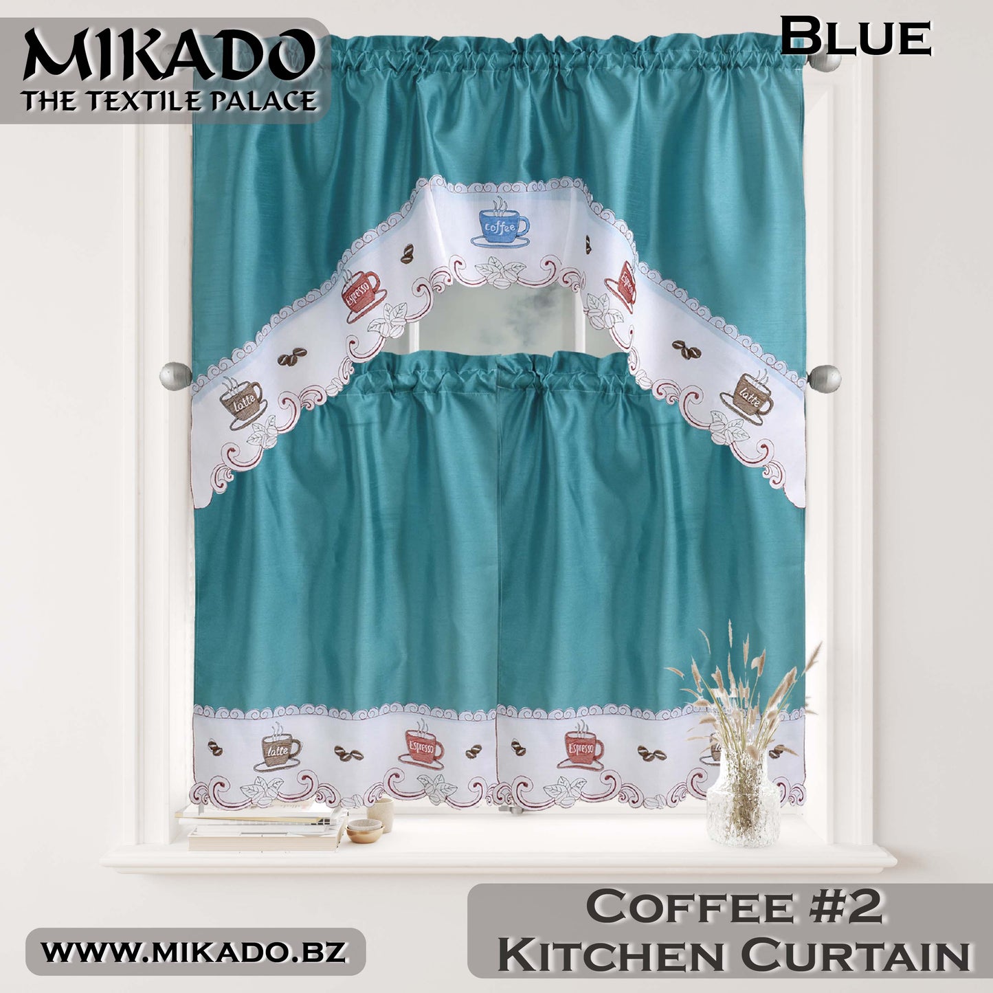 Coffee Embroidered Kitchen Curtain (Design #1 & #2)