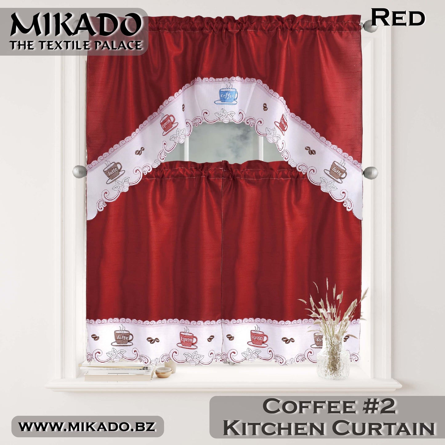 Coffee Embroidered Kitchen Curtain (Design #1 & #2)