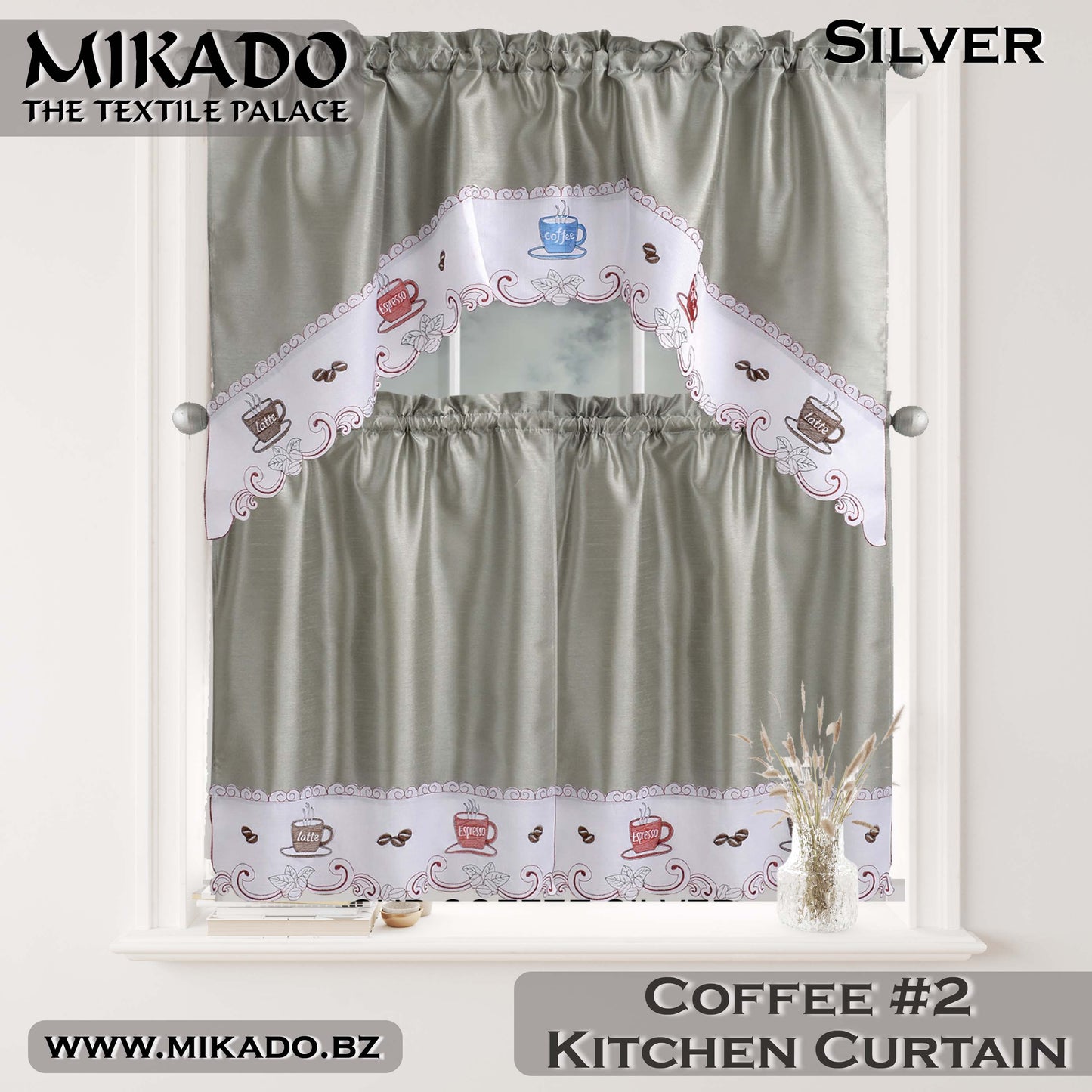 Coffee Embroidered Kitchen Curtain (Design #1 & #2)