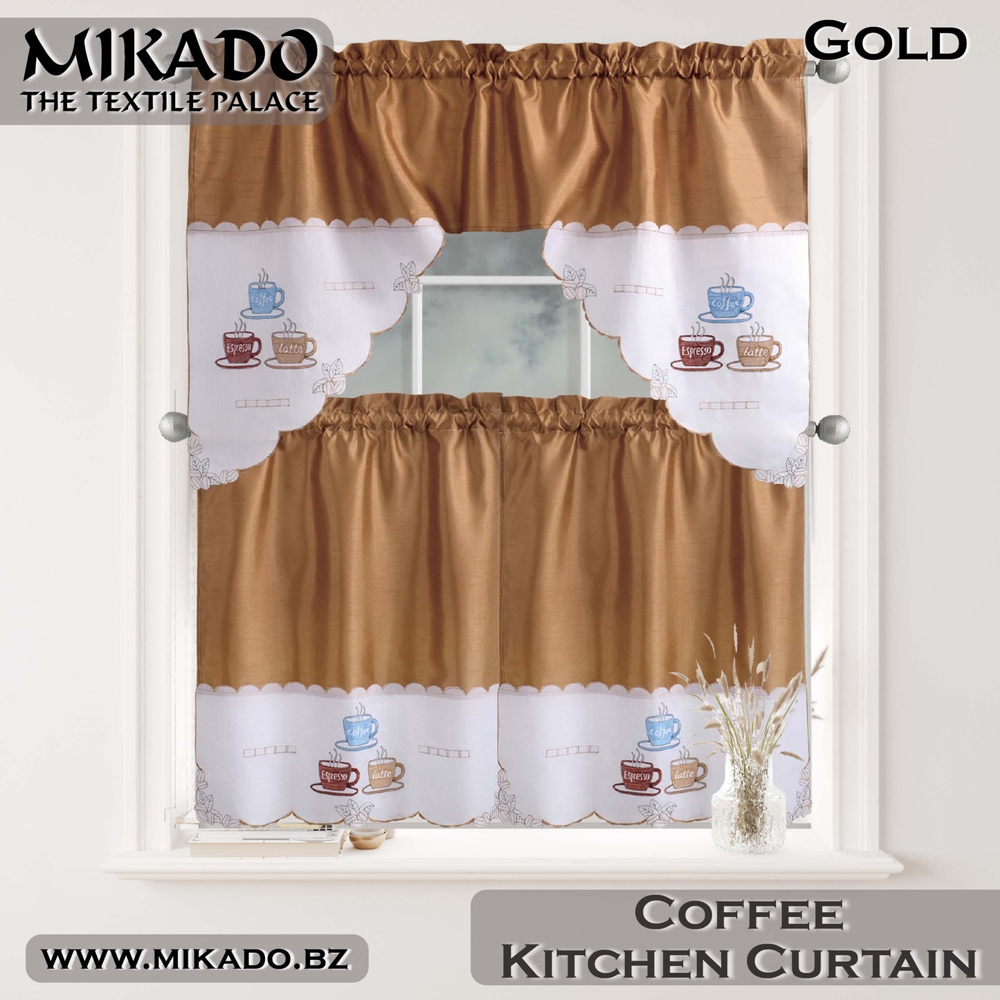 Coffee Embroidered Kitchen Curtain (Design #1 & #2)