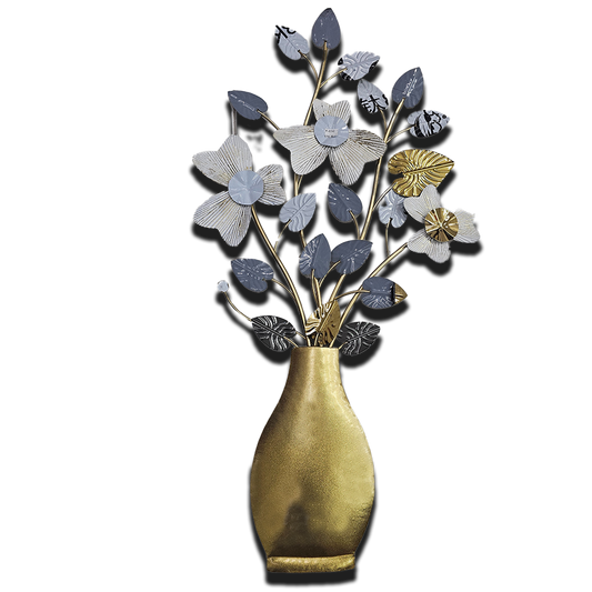 Metal 3D Wall Sculpture | Vase, Leaves, Flowers