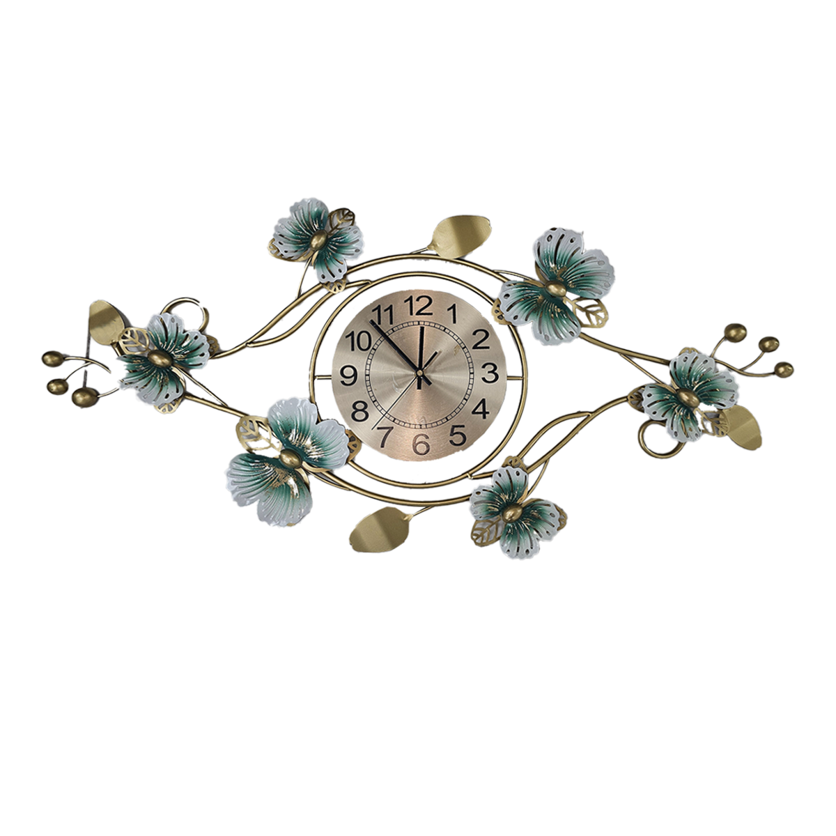 Modern Metal Wall Clock - Leaves, Butterflies