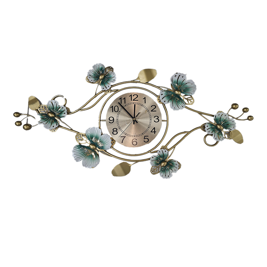 Modern Metal Wall Clock - Leaves, Butterflies