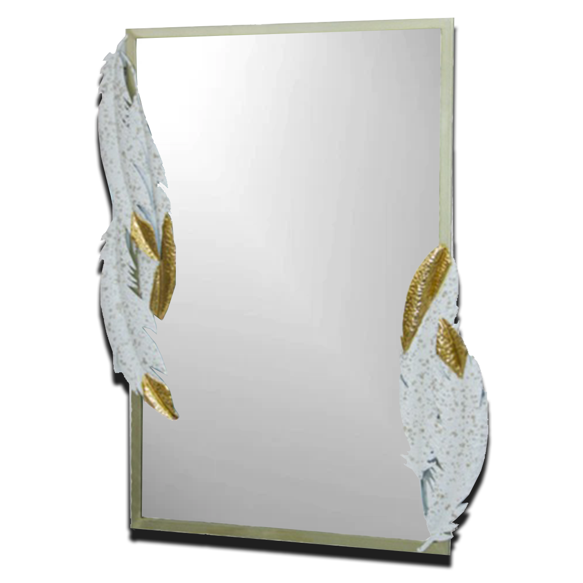Metal Frame Rectangular Wall Mirror | White & Gold Feathers