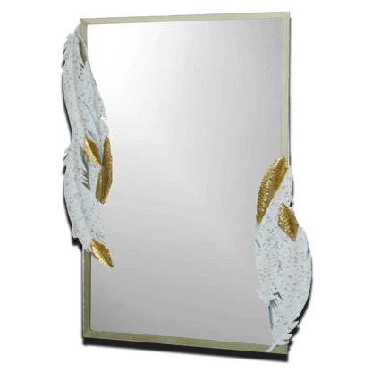 Metal Frame Rectangular Wall Mirror | White & Gold Feathers