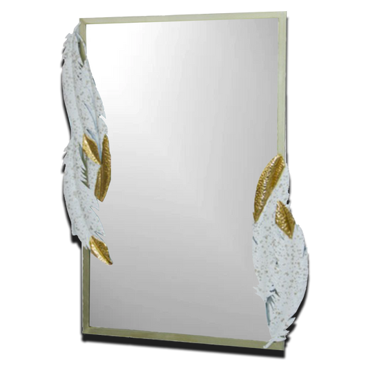 Metal Frame Rectangular Wall Mirror | White & Gold Feathers