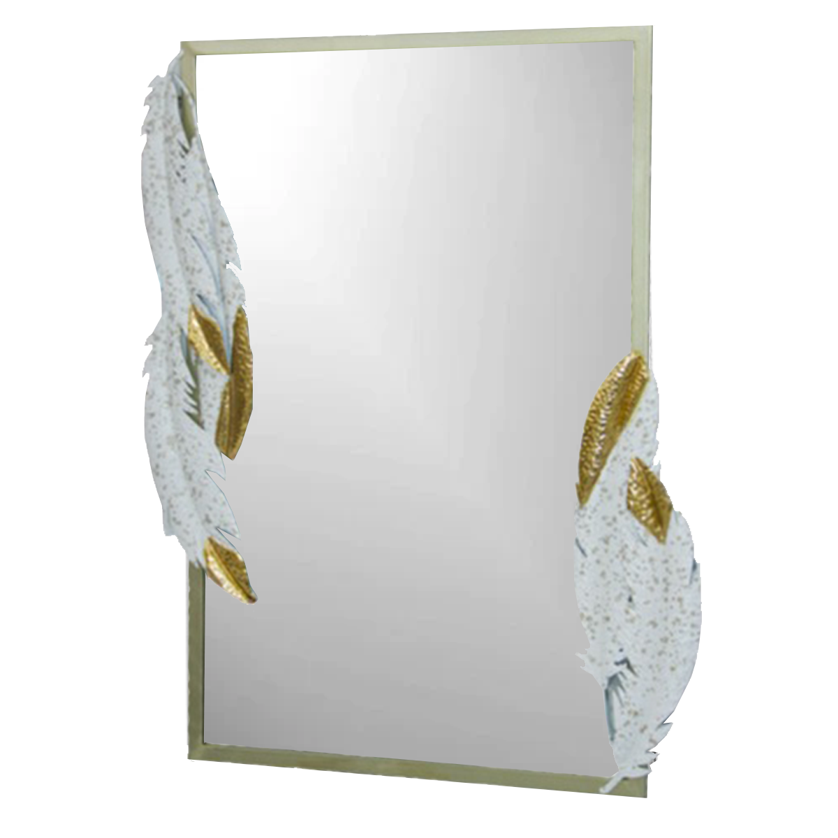 Metal Frame Rectangular Wall Mirror | White & Gold Feathers