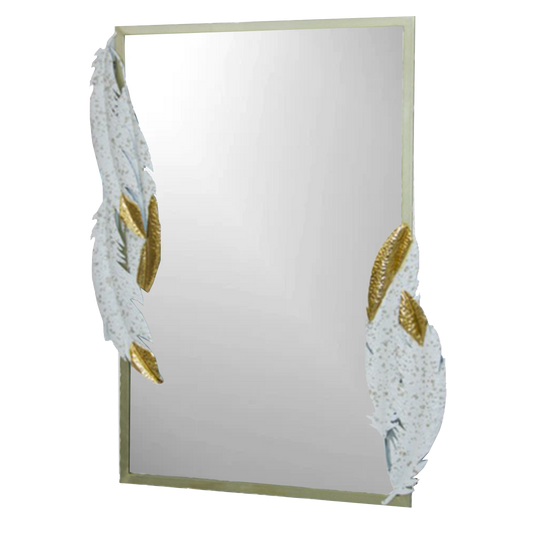 Metal Frame Rectangular Wall Mirror | White & Gold Feathers