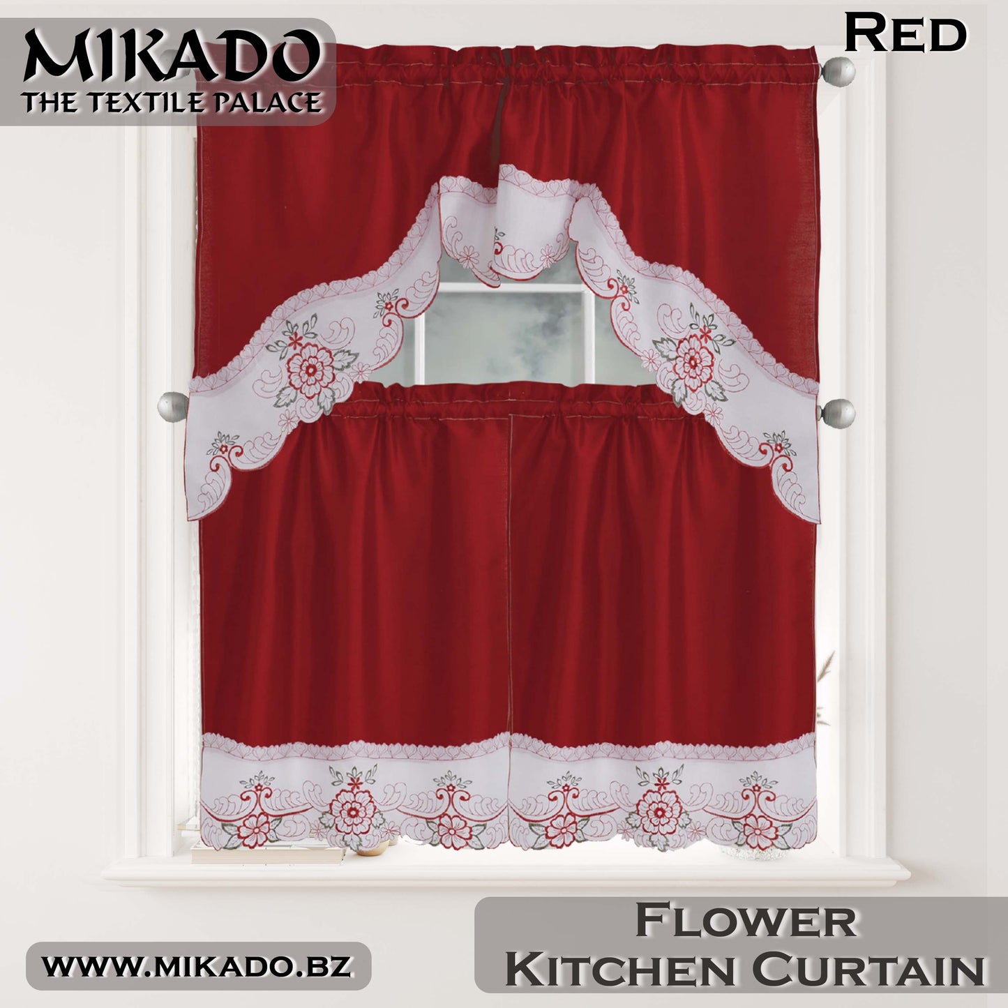 Flower Embroidered Kitchen Curtain Set