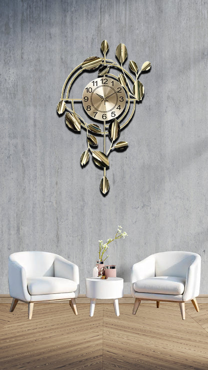 Silent Metal Minimalist Clock | Golden Leaves & Vines