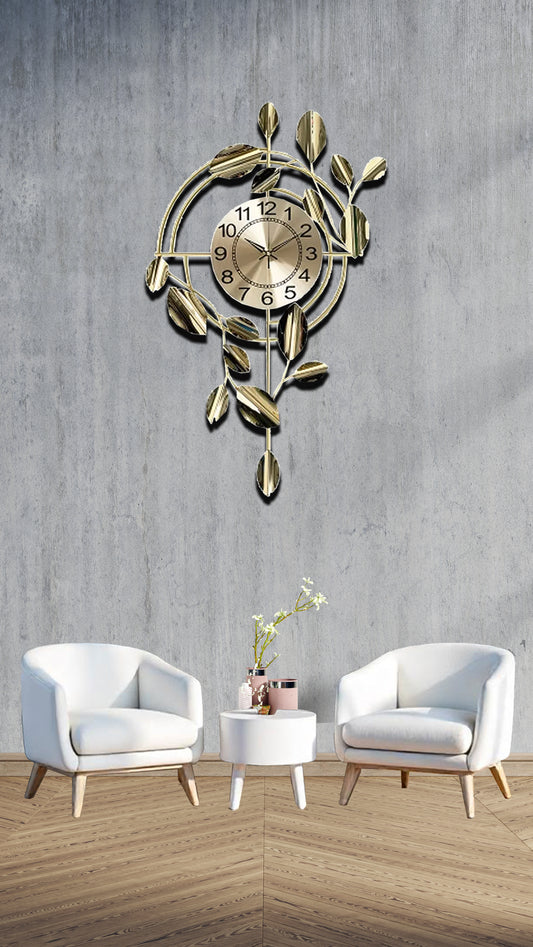 Silent Metal Minimalist Clock | Golden Leaves & Vines