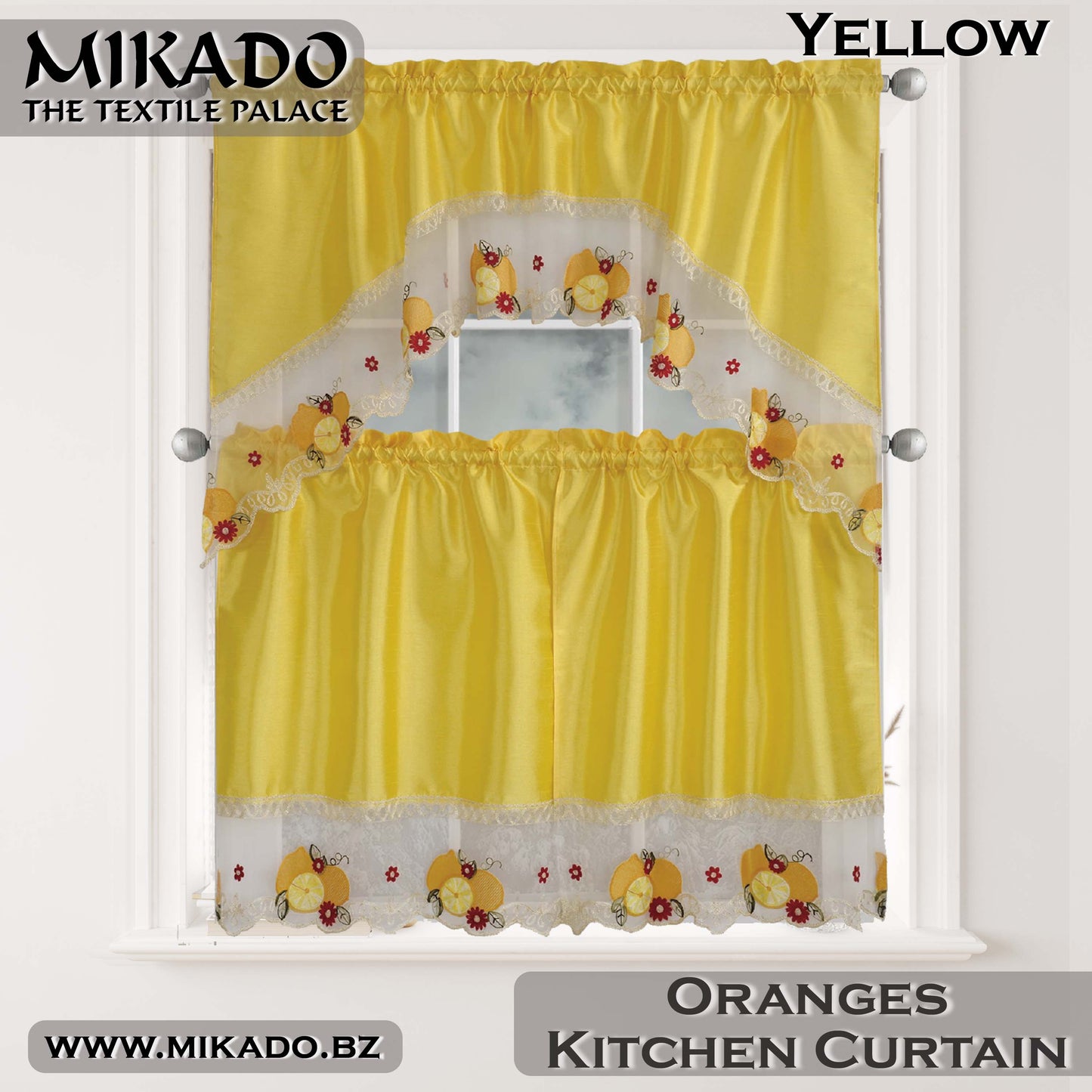 Fruit (Orange, Pear or Pineapple) Embroidered Kitchen Curtain Set