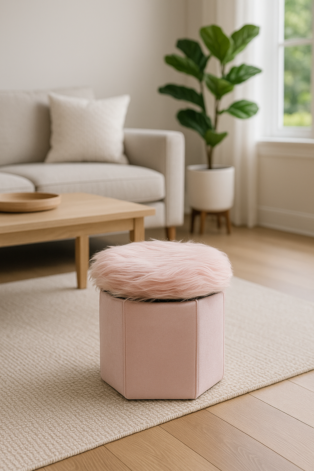 Foldable Ottoman Storage Box - Plush Faux Fur (Round)