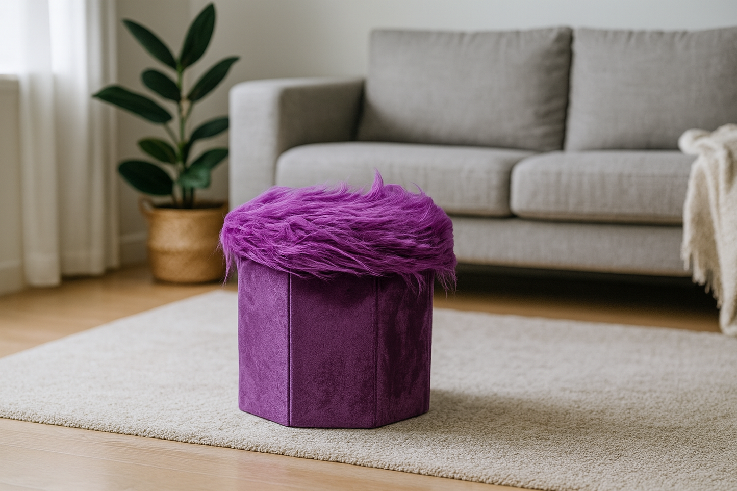 Foldable Ottoman Storage Box - Plush Faux Fur (Round)