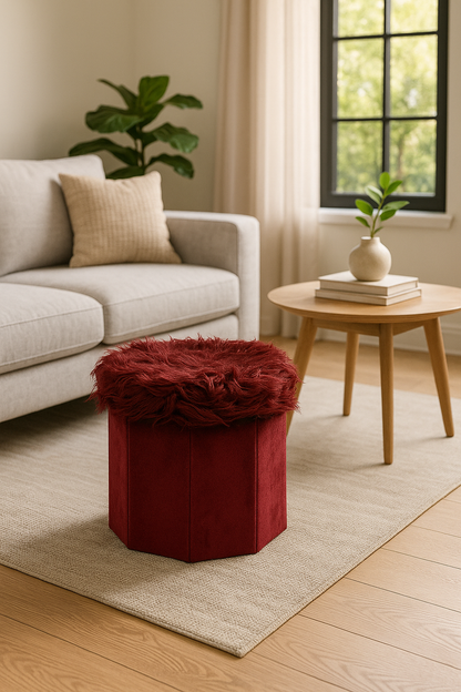 Foldable Ottoman Storage Box - Plush Faux Fur (Round)