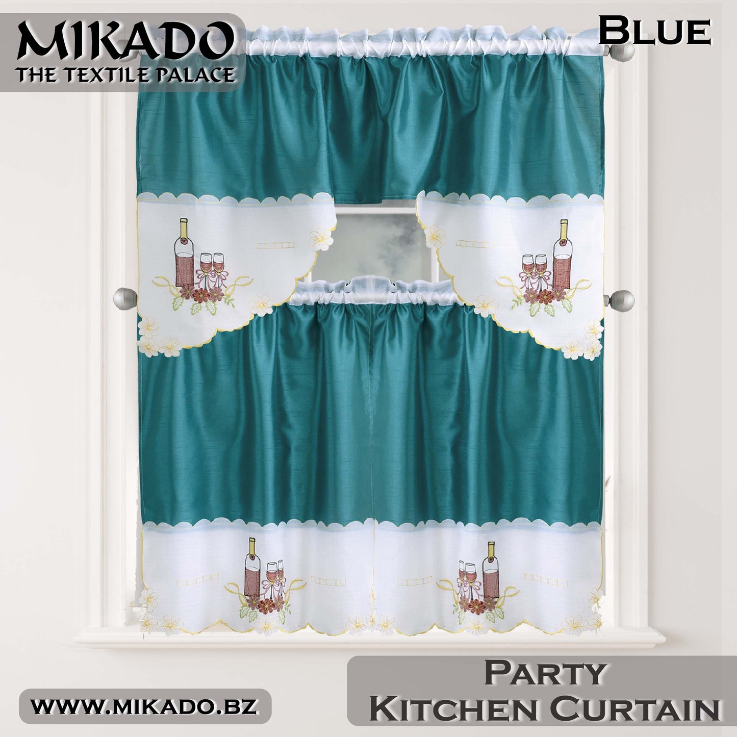 Party, Peacock or Rooster Embroidered Kitchen Curtain Set