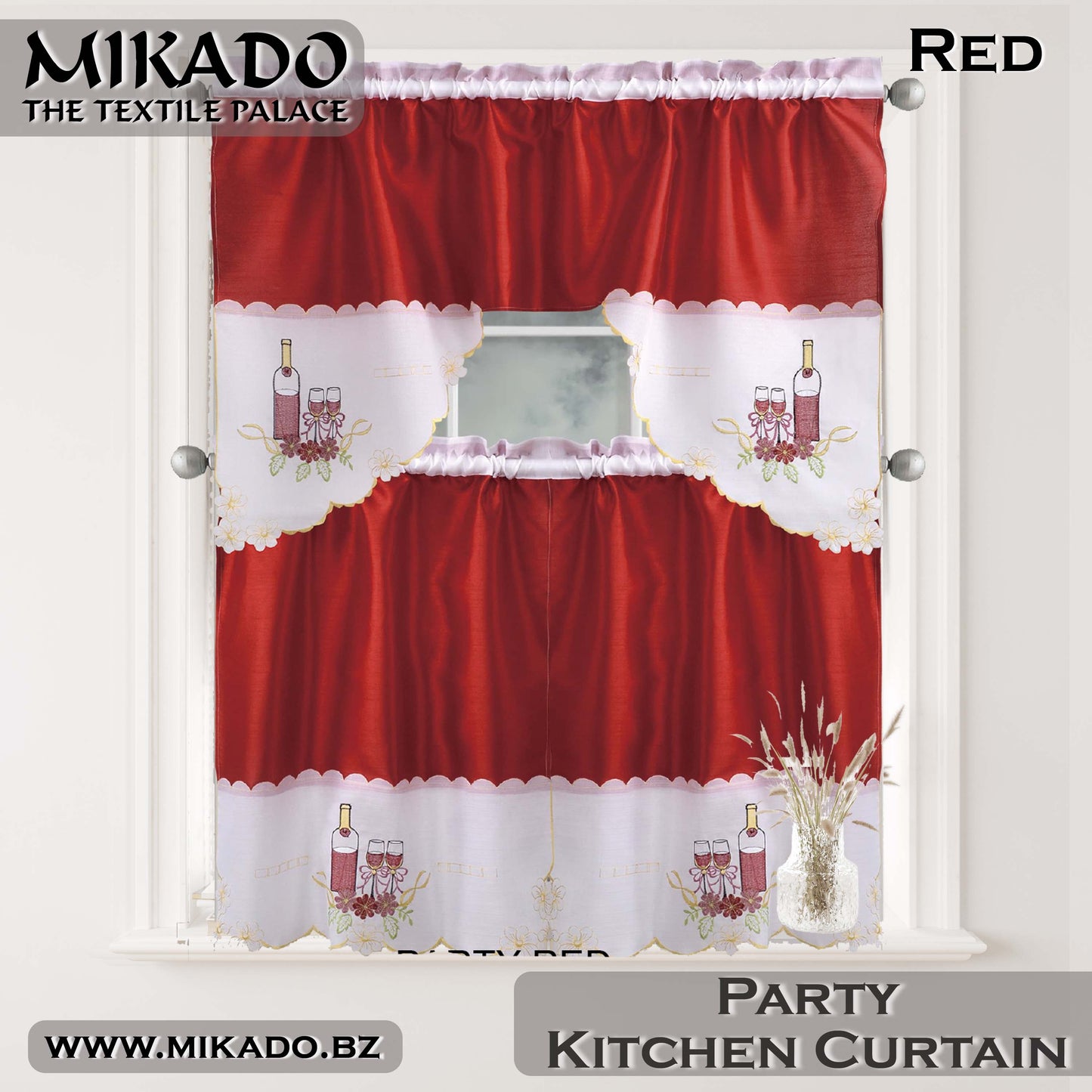 Party, Peacock or Rooster Embroidered Kitchen Curtain Set