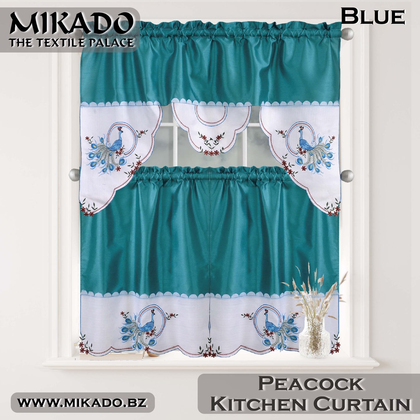 Party, Peacock or Rooster Embroidered Kitchen Curtain Set