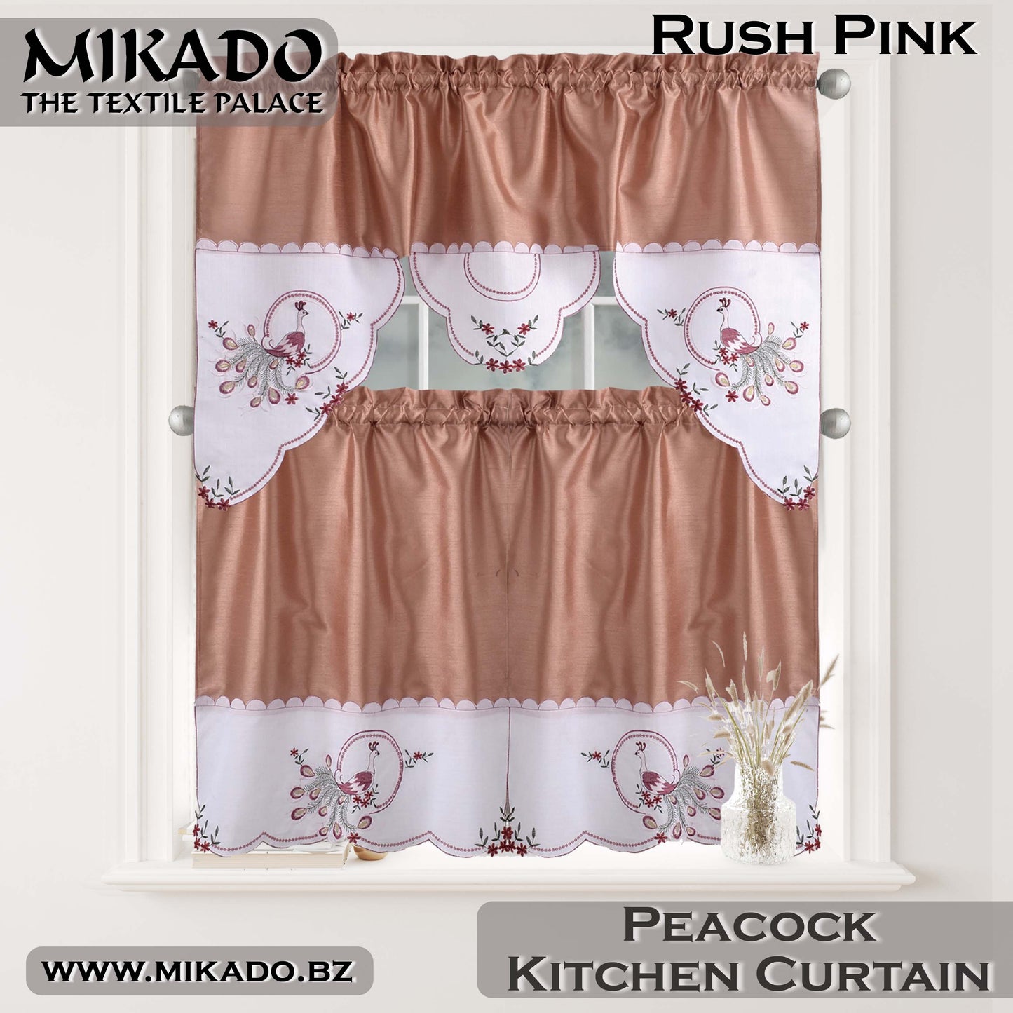 Party, Peacock or Rooster Embroidered Kitchen Curtain Set