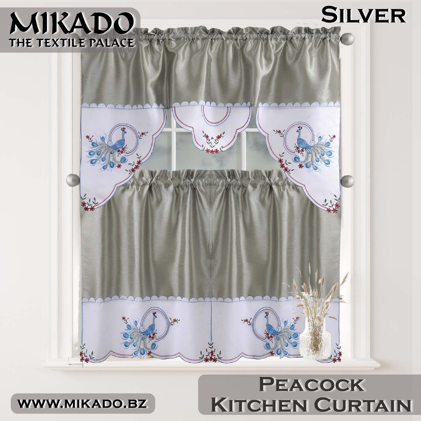 Party, Peacock or Rooster Embroidered Kitchen Curtain Set