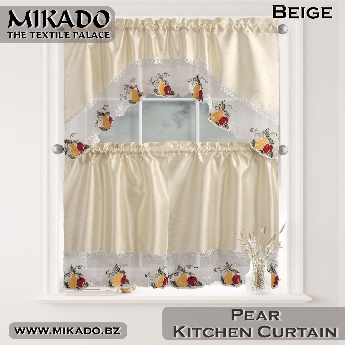 Fruit (Orange, Pear or Pineapple) Embroidered Kitchen Curtain Set