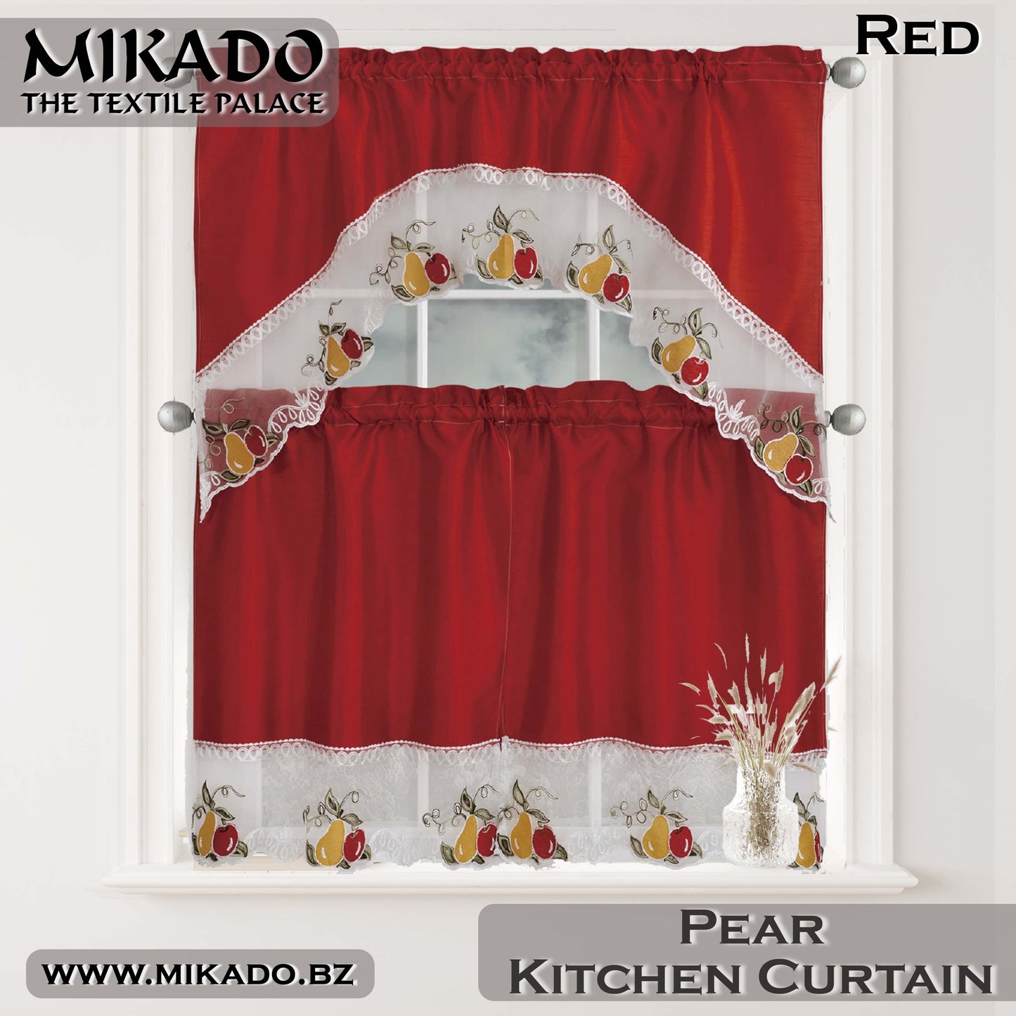 Fruit (Orange, Pear or Pineapple) Embroidered Kitchen Curtain Set