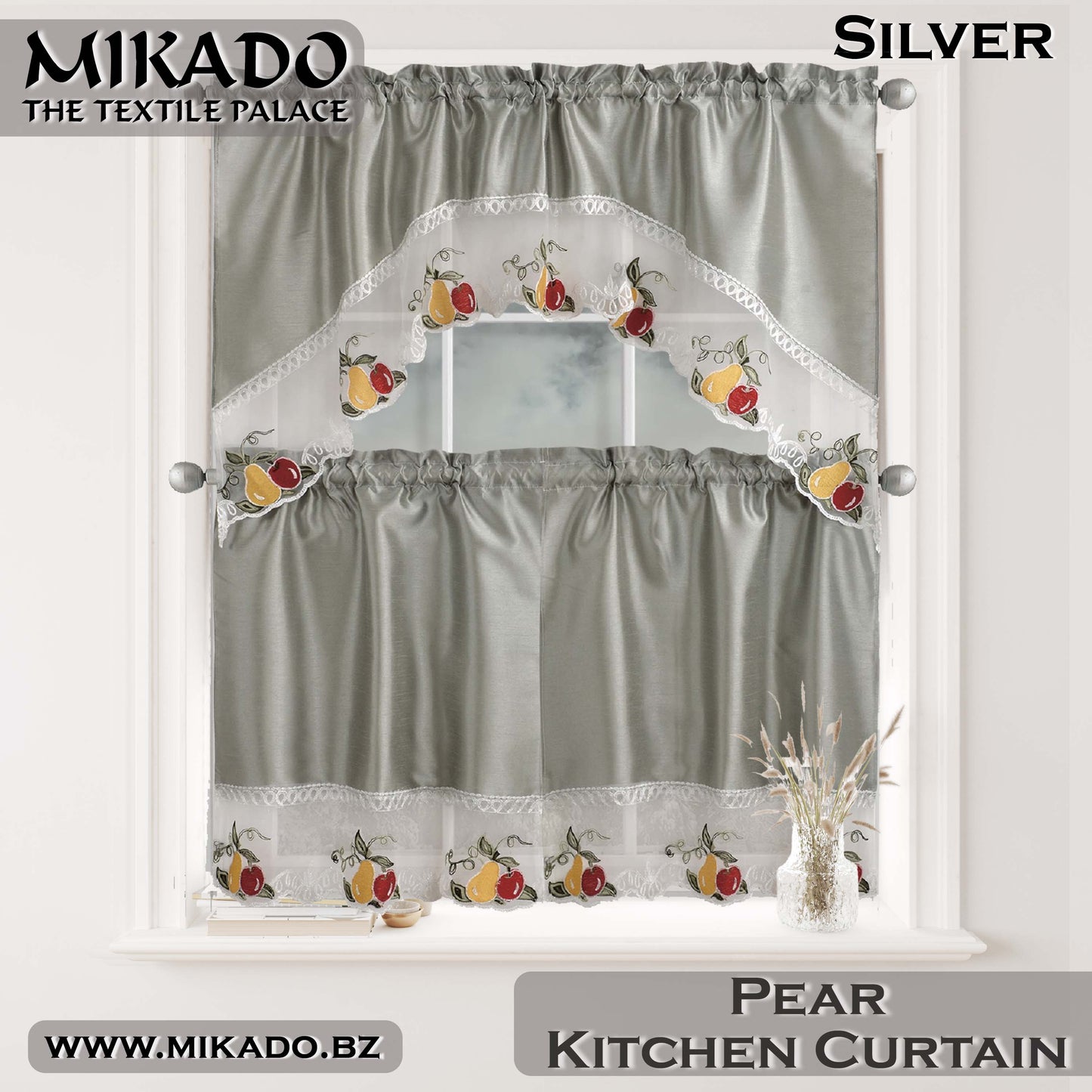 Fruit (Orange, Pear or Pineapple) Embroidered Kitchen Curtain Set