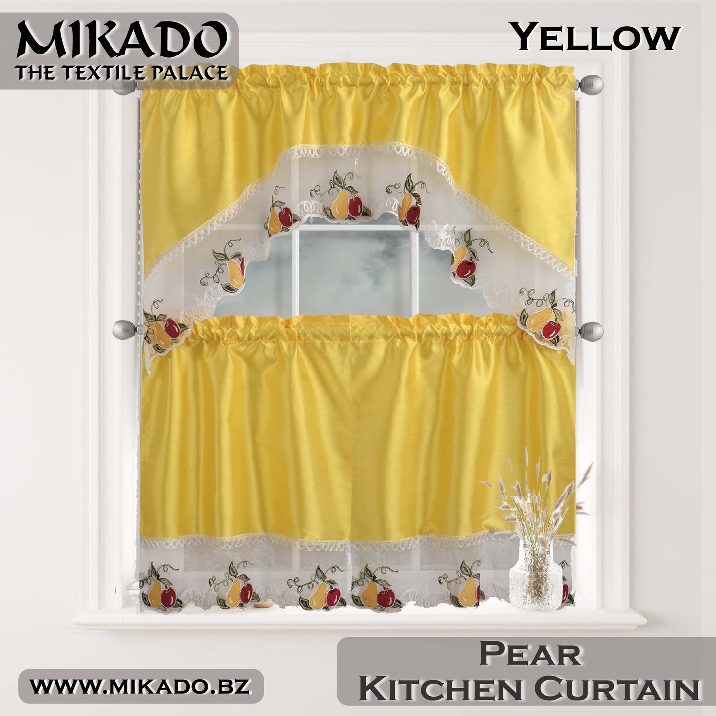 Fruit (Orange, Pear or Pineapple) Embroidered Kitchen Curtain Set