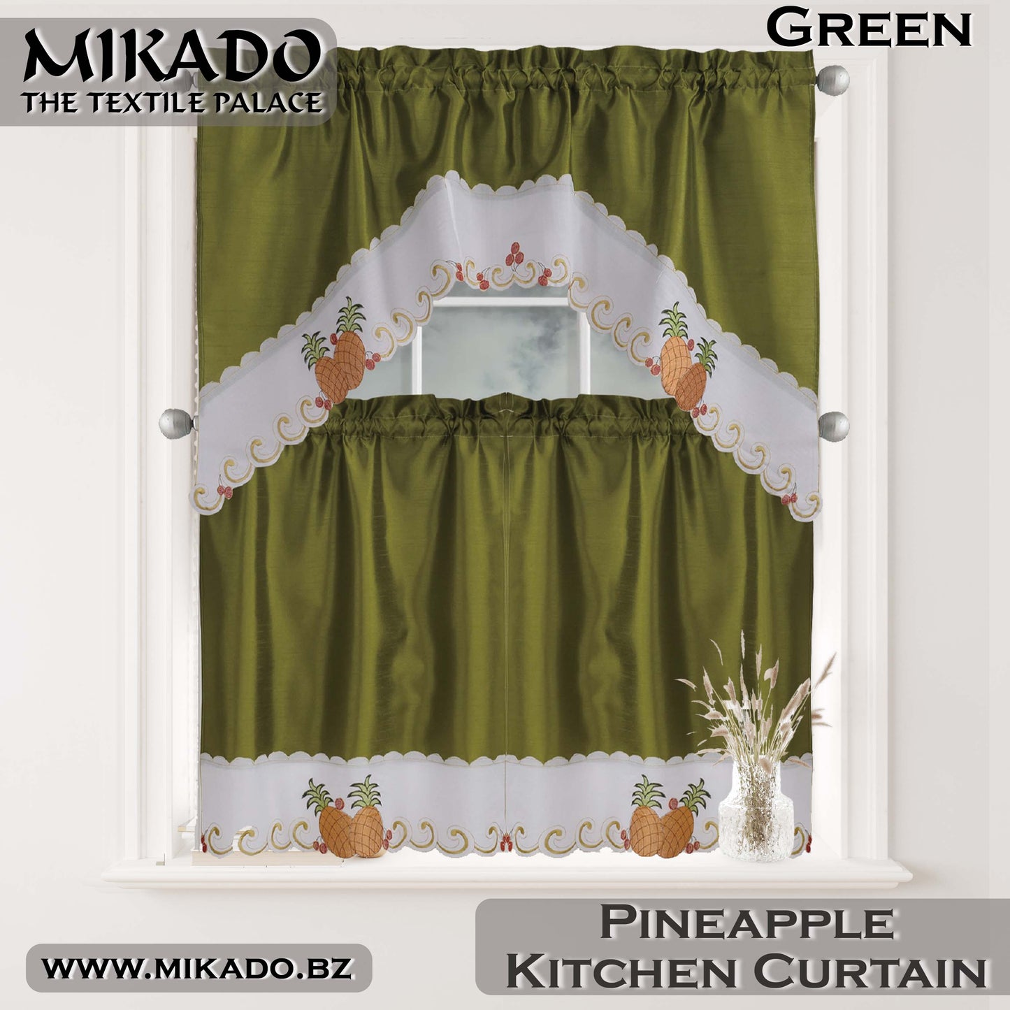 Fruit (Orange, Pear or Pineapple) Embroidered Kitchen Curtain Set