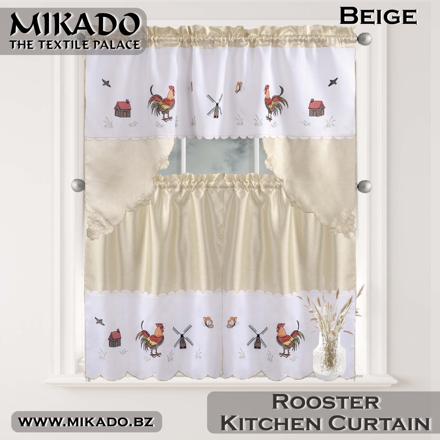 Party, Peacock or Rooster Embroidered Kitchen Curtain Set