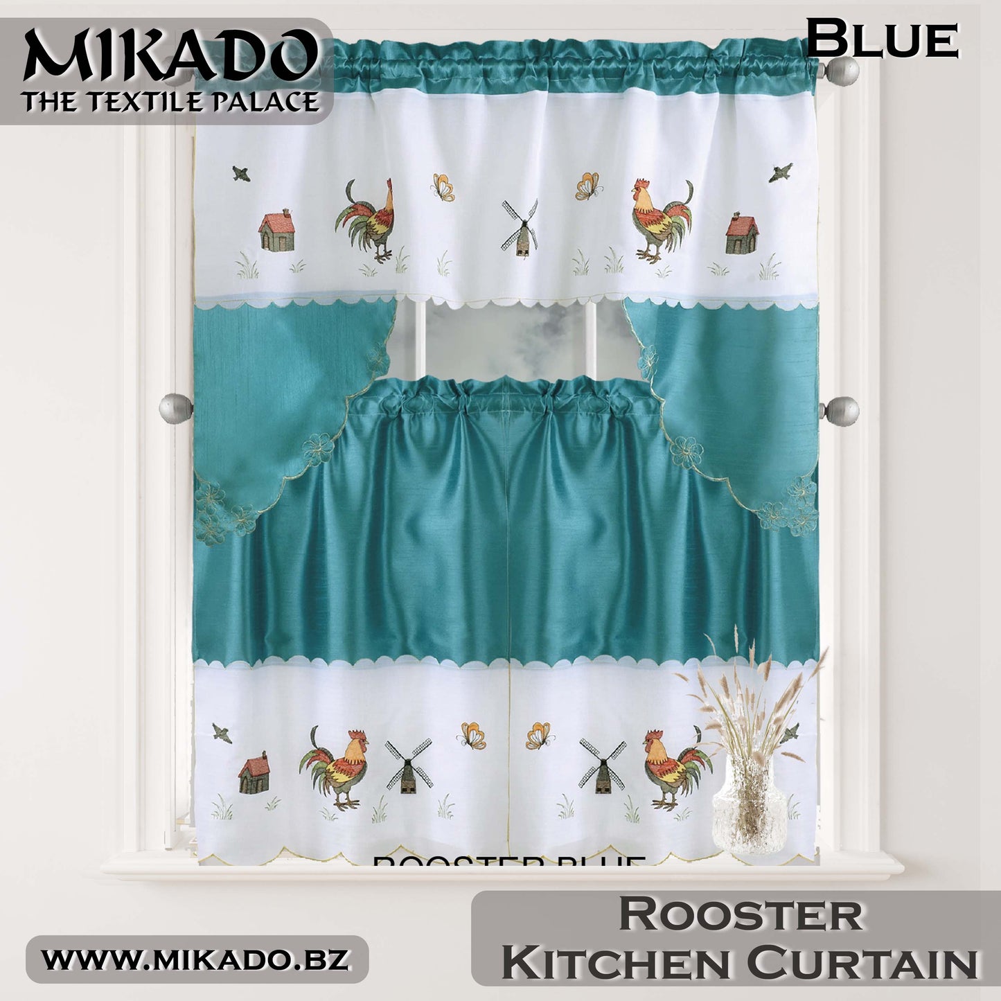 Party, Peacock or Rooster Embroidered Kitchen Curtain Set