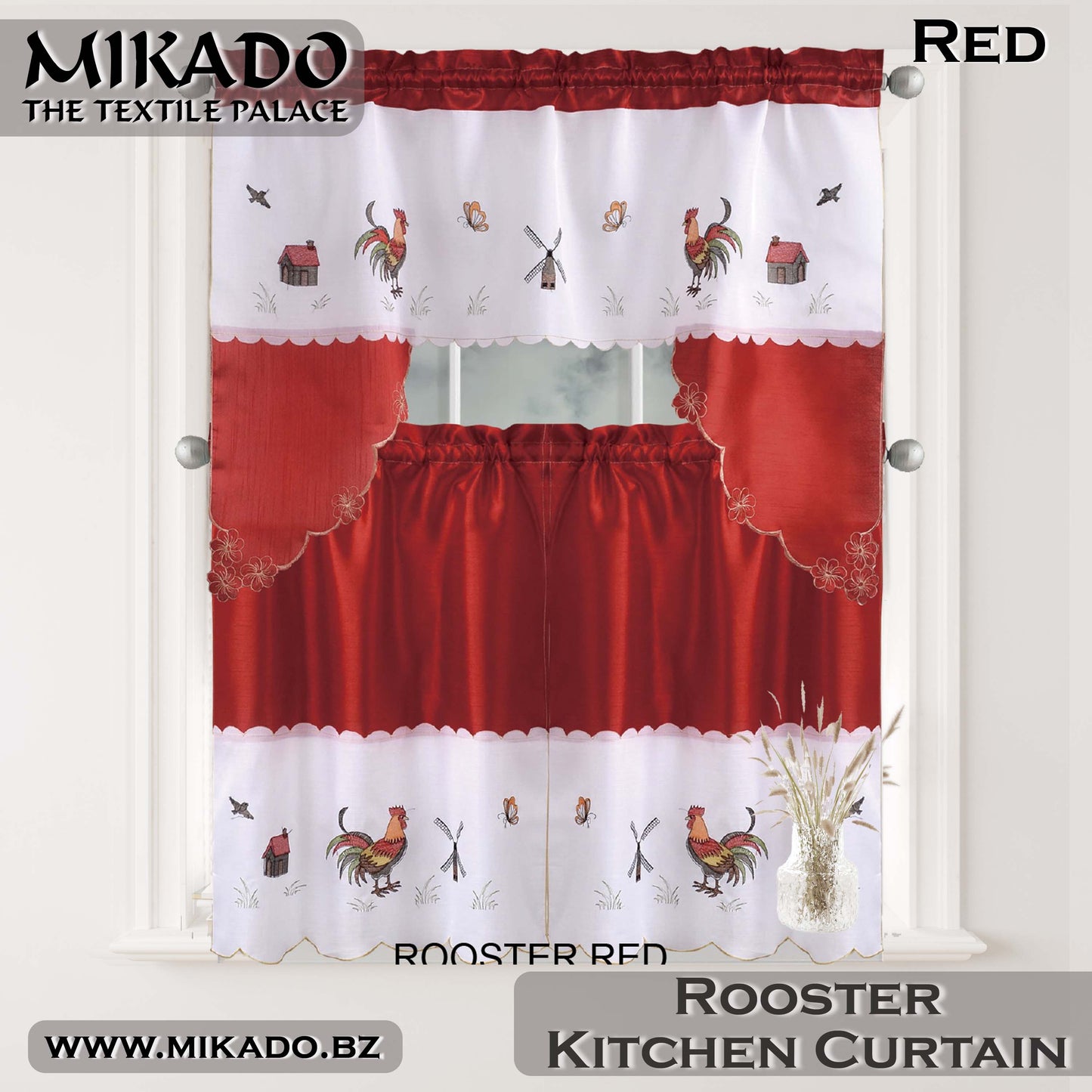 Party, Peacock or Rooster Embroidered Kitchen Curtain Set