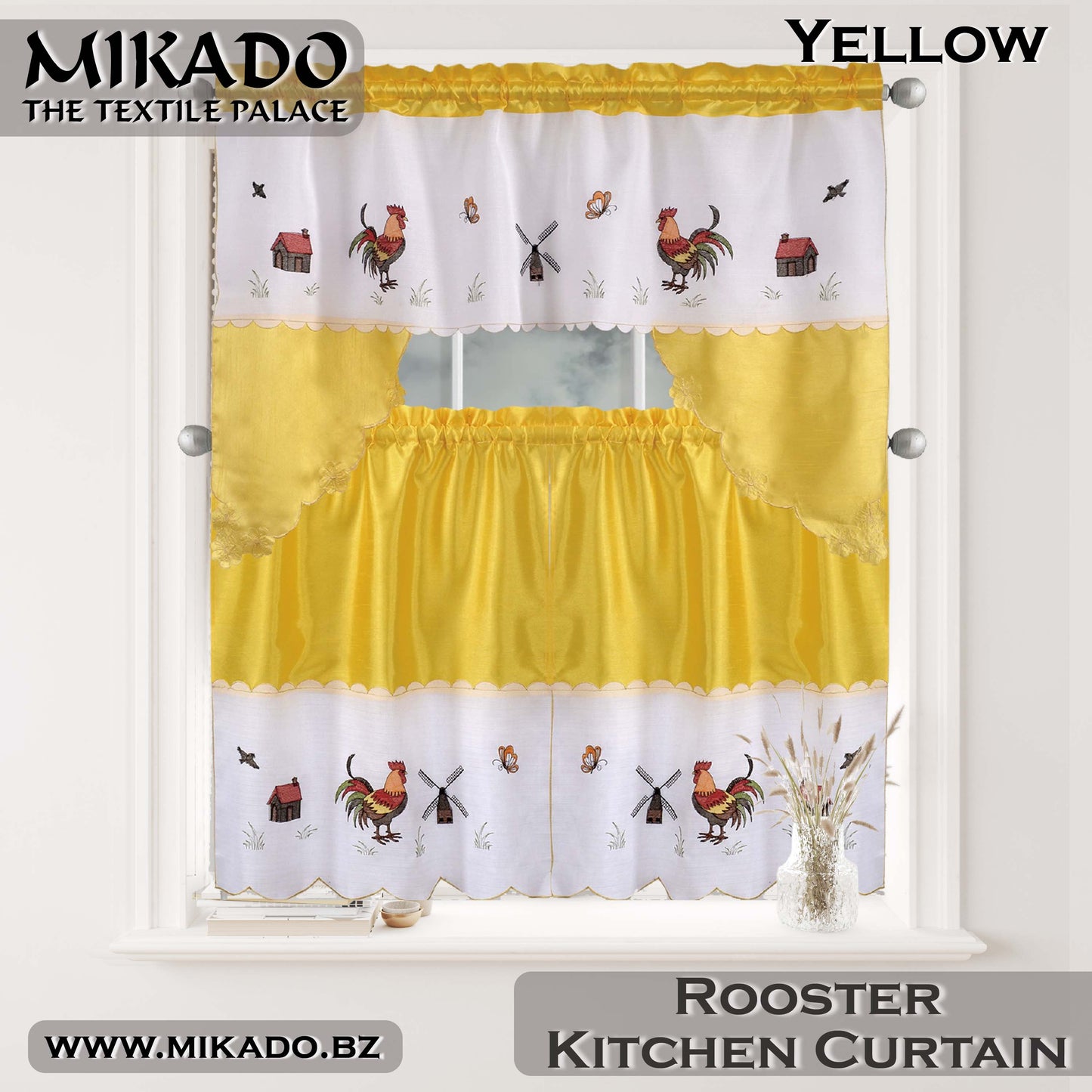 Party, Peacock or Rooster Embroidered Kitchen Curtain Set